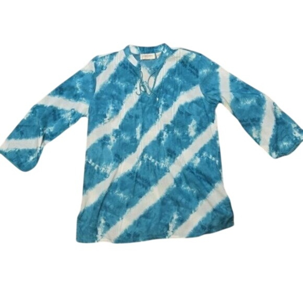 Lemon Grass Tie Dye Tunic Shirt Top Blue White Cotton Boho 3/4 Sleeve M